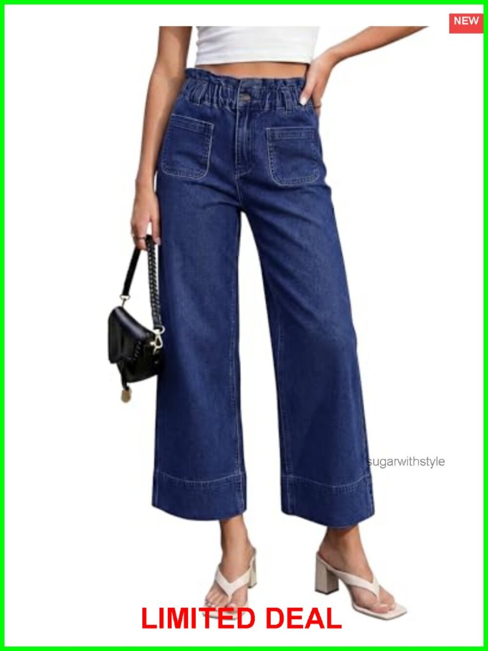 Wide Leg Cropped High Waisted Jeans Paper Bag Waist Stretch Denim Pants